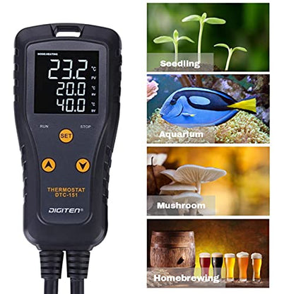 DIGITEN 110V 15A Temperature Controller DTC151 Plug in Thermostat Outlet Digital Temperature Controller for Heat Mat Reptile Greenhouse Aquarium, Heating/Cooling Mode