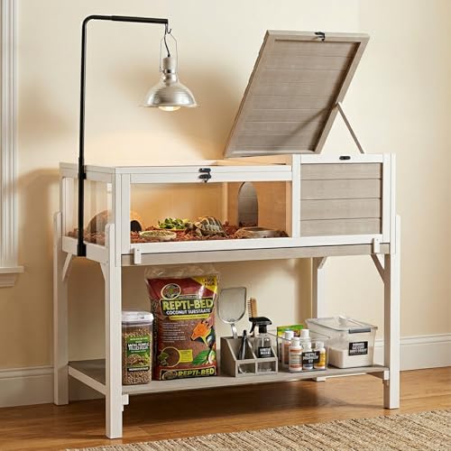 PetsCosset Tortoise Habitat with Storage Shelf & Adjustable Metal Light Stand, Large Wooden Tortoise Enclosure Indoor, Elevated Tortoise Table for Sulcata, Hermann's & Russian Tortoises - size: 40.4"L x 22.8"W x 31.9"H
