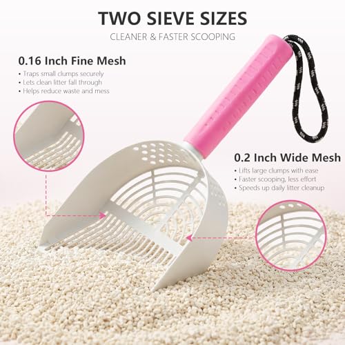 Cat Litter Scoop with Holder, 3 in 1 Metal Kitty Scooper, Heavy Duty Deep Litter Sifter with Dustpan & Mini Broom, Dual Coarse & Fine Grid, Quick Sift, Universal for All Cat Litter - color: Pink, size: Large