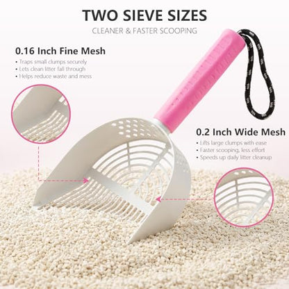 Cat Litter Scoop with Holder, 3 in 1 Metal Kitty Scooper, Heavy Duty Deep Litter Sifter with Dustpan & Mini Broom, Dual Coarse & Fine Grid, Quick Sift, Universal for All Cat Litter - color: Pink, size: Large