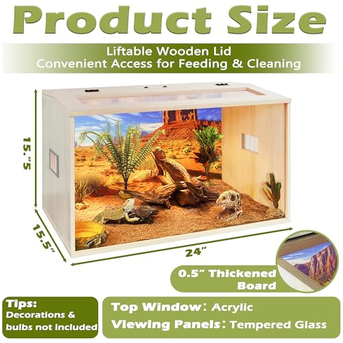PROLEE Bearded Dragon Tank, 30 Gallons Wooden Reptile Enslosure, Tempered Glass Lizard Tank, Large Bearded Dragon Enclosure with Built-in Lamp Fixture for Lizard - size: 30Gallons