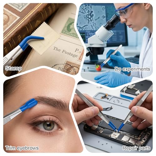 Fibraze 3 Pcs Rubber Tipped Tweezers, PVC Coated Set Long Tweezers for Crafts Straight Flat Tip Long Bent Tweezer for Crafting Stamps Beads Jewelry Blue