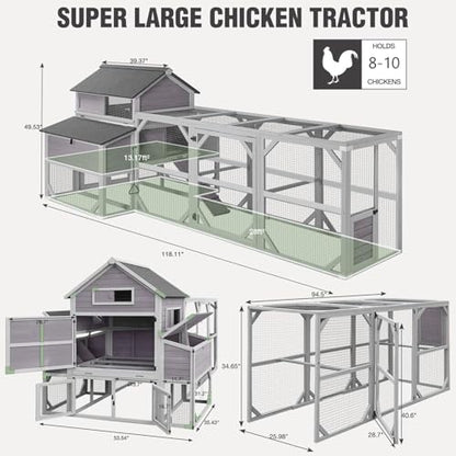 Large Chicken Coop with Run - Wooden Hen House with 6 Nesting Boxes and Removable Tray, 41.3ft² Poultry Pet Hutch Run Cage with Waterproof Asphalt Roof, fold Out House for 8-10 Chickens - size: 118.0"L x 98.0"W x 49.0"H