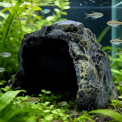 M2cbridge Aquarium Fish Hide Cave Reptile Hideout Cave Terrarium Amphibians Habitat Decor(Black Rock+ Water Dish) - style: Black Rock+ Water Dish