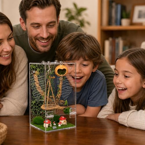 Jumping Spider Enclosure Kit, Pre-Assembled Acrylic Spider Terrarium with Magnetic Door, 19PCS Accessories, Starter Habitat for Jumping Spiders 4.8 x 4.8 x 9.25 Inches
