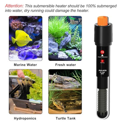 PULACO 50Watt Aquarium Heater for 6-15 Gallon Fish Tank, Adjustable Submersible Heater Thermostat with Thermometer Strip and Suction Cup