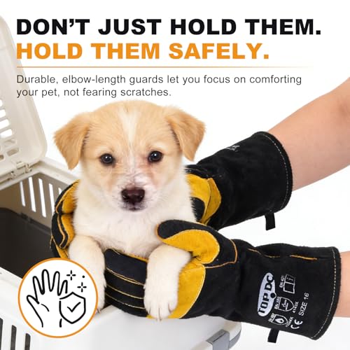TOPDC Animal Handling Gloves, 16-Inch Bite Resistant & Scratch Proof Arm Sleeves for Dog Cat Grooming, Training, and Vet Visits (Black)