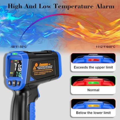 FKM Laser Thermometer Gun -58°F~1112°F(-50°C~600°C),Non Contact Infrared Thermometer Gun for Industrial,Engine,HVAC,Kitchen Cooking,Digital Temperature Gun Adjustable Emissivity,Not for Human - color: Blue