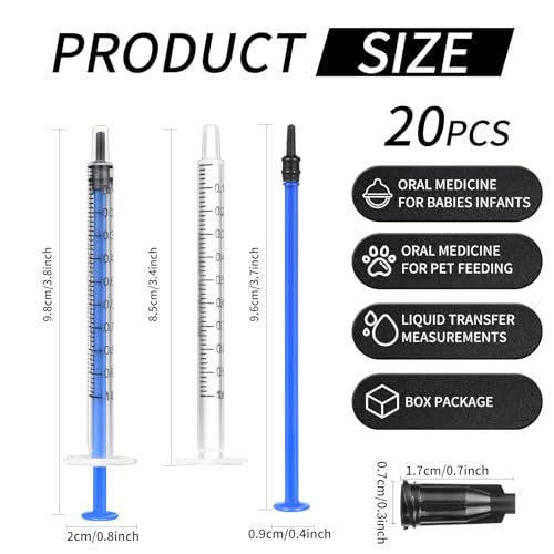 20 Pack 1ml Syringe with Cap for Liquid, 1cc Plastic Small Syringes with Cover for Pets Oral, Scientific Labs, Refilling, Oil or Glue Applicator, Measuring or Transfering Tiny Amount of Liquids, Non-Sterile, No Needle - size: 1ml Syringes with Cap-20pcs