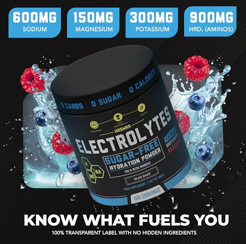 MMA Nutrition HRDWRK Electrolytes Powder with Magnesium, Potassium - Sugar Free Electrolytes Boost Endurance and Reduce Fatigue with This Electrolytes Supplement - Maximum Hydration - Keto Friendly - style: Blue Razz