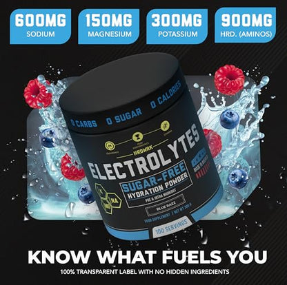 MMA Nutrition HRDWRK Electrolytes Powder with Magnesium, Potassium - Sugar Free Electrolytes Boost Endurance and Reduce Fatigue with This Electrolytes Supplement - Maximum Hydration - Keto Friendly - style: Blue Razz