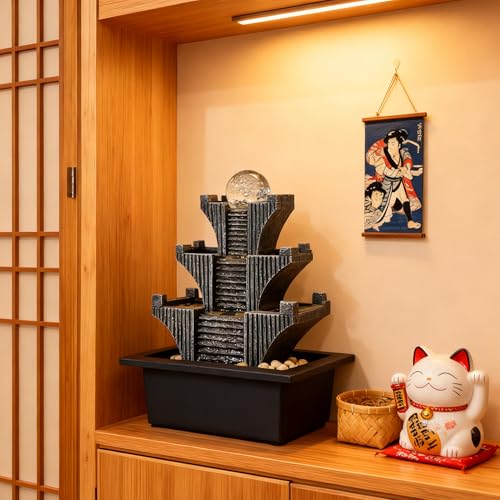 Tabletop Waterfalls Mountain with Pagoda Stepped & Spining Orb, Indoor Soothing Zen Fountain s for Home Office Relaxation - color: Style 4