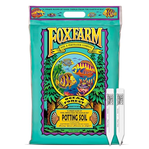 FoxFarm Ocean Forest Potting Soil with 2 Plant Tags, 12 Quarts - Light, Aerated Texture with Fish Meal, Crab Meal, Earthworm Castings - Houseplant Potting Mix for Seedlings & Plant Starts - size: 12 qt with Tags