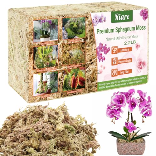 Riare 2.2 LB Premium Sphagnum Moss for Plants- 40QT Natural Long Fibered Sphagnum Peat Moss for Plants Indoor, Succulent Orchid Potting Mix for Orchids Carnivorous, Succulent and Reptiles - size: 40QT/2.2lbs