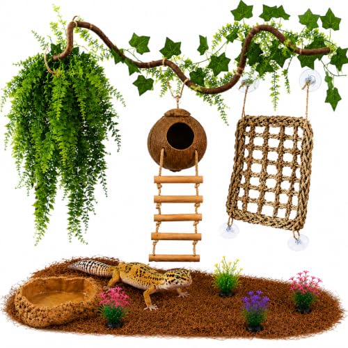 Leopard Gecko Tank Accessories. Reptile Hammock Vines Plants with Coconut Shell Ladder Hideout Hermit Crab Decor for Bearded Dragon Lizard Chameleon Crested Gecko Tortoise Snake(10PCS with Water Dish) - color: S-BD-2-B