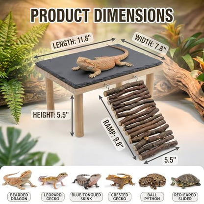Bearded Dragon Basking Platform, Natural Slate Reptile Basking Rock with Wooden Climbing Ramp, Terrarium Habitat Decor for Lizard, Leopard Gecko, Tortoise, Snake (Large) - size: Large