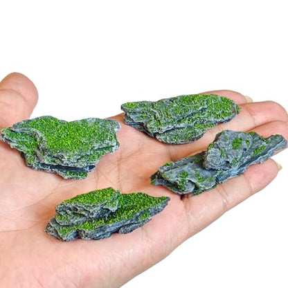 Miniature Moss Stones for Terrarium - Tree Bark Diorama Rocks for Miniature Terrain Display - Lightweight Reptile Habitat Decor - NOT for Aquarium Underwater Use - 12 Pcs Moss-Covered (1-2 inch) - style: 12P Moss Slate Rocks (Wooden)