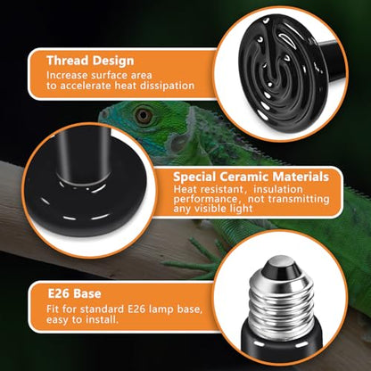 Ceramic Heat Emitter, 75W Reptile Heat Lamp, No Light Emitting Heat Bulb for Lizards Bearded Dragons Snakes Turtles and Chickens, 2 Pack - size: 75