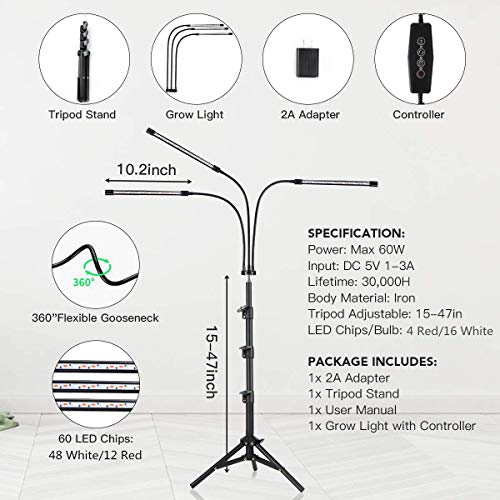 GHodec Grow Light with Stand, 60 LED 5500K Full Spectrum Floor Plant Light for Indoor Plants Growing,5 Dimmable Levels & Auto On/Off Timer,Tripod Stand Plant Lamp Height Adjustable - size: 75Watts
