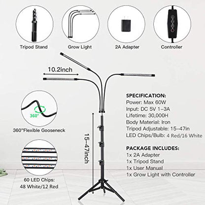GHodec Grow Light with Stand, 60 LED 5500K Full Spectrum Floor Plant Light for Indoor Plants Growing,5 Dimmable Levels & Auto On/Off Timer,Tripod Stand Plant Lamp Height Adjustable - size: 75Watts