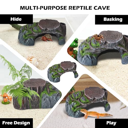 Resin Reptile Hide Cave,Leopard Gecko Cave Hideout Reptiles Habitat Tree Stump Decor Lizard Tank Climbing Ramp Basking Platform Accessories for Gecko Hermit Crab Small Turtle Frog Spider Scorpion