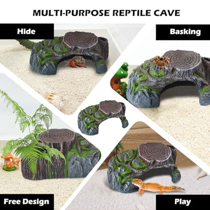 Resin Reptile Hide Cave,Leopard Gecko Cave Hideout Reptiles Habitat Tree Stump Decor Lizard Tank Climbing Ramp Basking Platform Accessories for Gecko Hermit Crab Small Turtle Frog Spider Scorpion