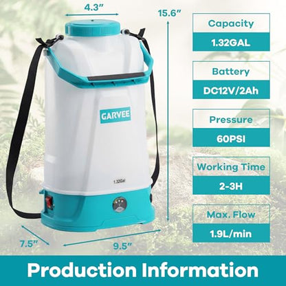 1.32 Gallon Battery Powered Sprayer with Adjustable Shoulder Strap, 0-60 PSI Adjustable Pressure, Electric Sprayer with 1 Nozzles and 1 Wands, 12V 2Ah Battery, Wide Mouth Lid for Weeding, Spraying - size: 1.32 Gal
