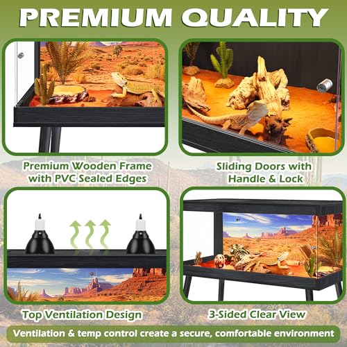 ROYXEN Bearded Dragon Tank with Leg Stand,64 Gallon Tempered Glass Reptile Tank with Metal Mesh Top, 3-Side Clear Anti-Scratch Glass Lizard Tank,Snake Tank for Reptile Habitat (Black,40" Length) - color: Black, size: 64Gal,40x20x20inch