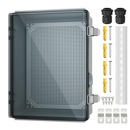 Joinfworld Electrical Box Weatherproof Plastic Junction Box 15.7x11.8x7.1 Outdoor WiFi Nema 4 Enclosure Clear Cover for Electric Connection Exterior Project | ABS Electrical Box with DIN Rail, Stainless Latches, Cable Glands for Outdoor WiFi, Circuit Brea