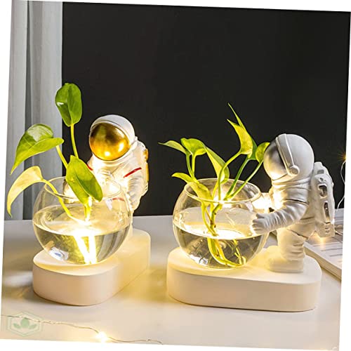 BESPORTBLE Hydroponic Glass Vase with Astronaut Resin Ornament and LED Light Multifunctional Water Plant Holder for Home Office and Bar Decor Themed Art Accent