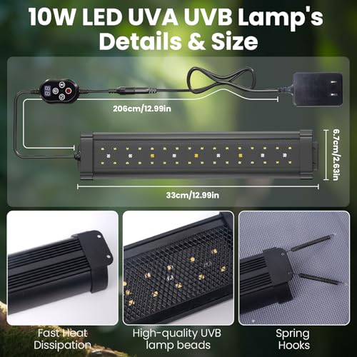 GlowUp 12 Inch 10W Dimming LED UVB Light for Reptiles, UVB 20.0/10.0/5.0/Purple Light, 3 Light Modes, Timer, UVA UVB Reptile Lamp for Tropical & Desert Reptile, Bearded Dragons, Turtles, Snakes