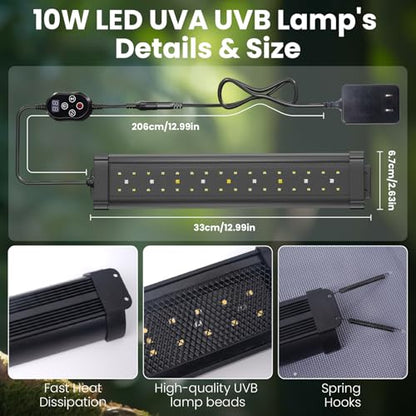 GlowUp 12 Inch 10W Dimming LED UVB Light for Reptiles, UVB 20.0/10.0/5.0/Purple Light, 3 Light Modes, Timer, UVA UVB Reptile Lamp for Tropical & Desert Reptile, Bearded Dragons, Turtles, Snakes