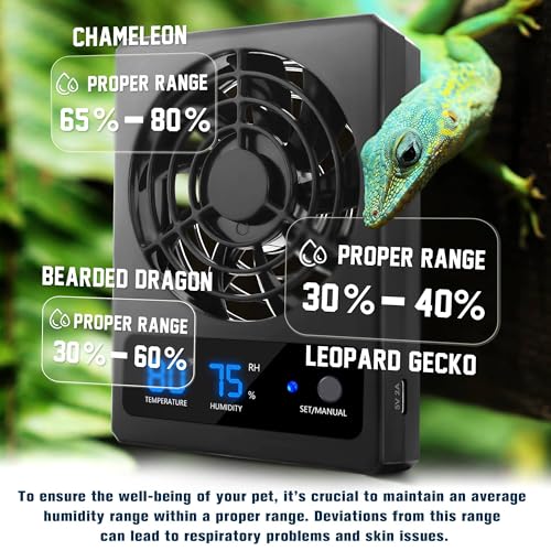 Reptile Ventilation Fan with Humidity Sensor and High-Temp Alarm, Fan Dehumidifier for Reptile Enclosure and Terrarium, Suitable for Humid Environments, Rainforest and Ecological Tanks