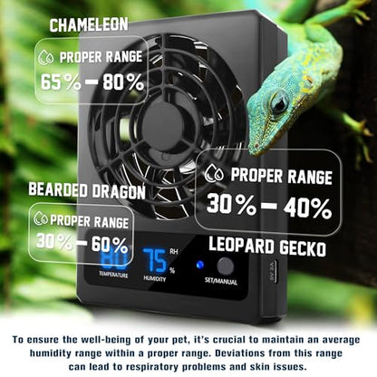 Reptile Ventilation Fan with Humidity Sensor and High-Temp Alarm, Fan Dehumidifier for Reptile Enclosure and Terrarium, Suitable for Humid Environments, Rainforest and Ecological Tanks