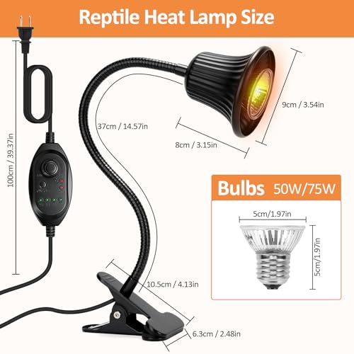 Reptile Heat Lamp, Heating Lamp for Reptiles with UVA UVB,2H,4H,8H,10H Cycle Timing&Stepless Dimming Adjustment Basking Light for Turtle, Bearded Dragon, Lizard and More, 2 Bulbs 50W+75W