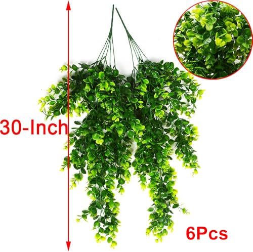 6pcs Artificial Hanging Plants Fake Hanging Plant Faux Eucalyptus Leaf Greenery Vine Outdoor UV Resistant Plastic Plants (6, Green) - color: Green