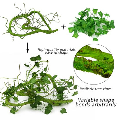13 PCS Reptile Reptile Eco Bottle Decoration Set - vines, eco bottle plants, hanging greenery, leaf feeders, lizards, geckos, bearded dragons Landscape drawn hideout logs and habitat accessories