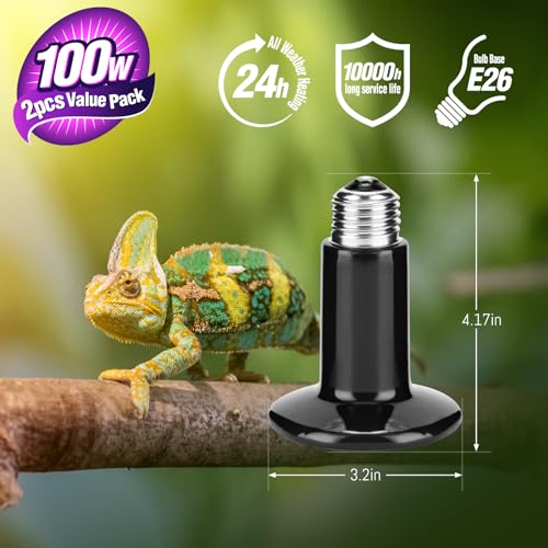 Leoterra 100W Ceramic Heat Emitter, Reptile Heat Lamp Bulb for 40-75 Gallons Bearded Dragon Tank & Turtle Terrarium, All-Purpose No-Light Night Heating for Lizards, Snakes, Chameleons (2-Pack) - style: 100 watt