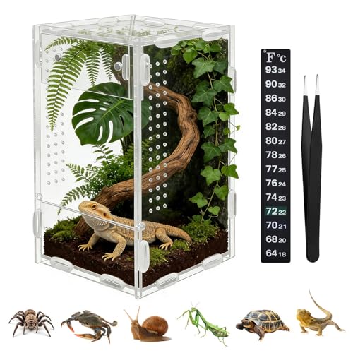 Acrylic Jumping Spider Habitat, Pre-Assembled Acrylic Terrarium, Bug Enclosure, Praying Mantis Habitat,with Magnetic Door & All-Side Ventilation 4"×4"×7" (Tweezer & Temp Sticker Included)