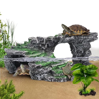 MoonOrange Turtle Basking Platform Kit, Reptile Habitat Hideout, Decorative Resin for Aquarium & Terrarium, Including Artificial Plant and Cleaning Brush. (B-Medium-Black)