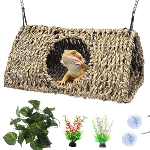 Reptile Hide Cave,Hanging Seagrass Fiber Bearded Dragon Hammock Swing Climbing Toys with Plants Decor,Gecko Hideout Hollow Cave Tank Accessories for Lizard Snake-Triangle S - size: Triangle S:7.87*3.94*3.94"