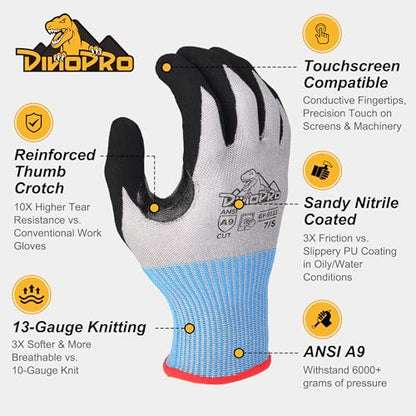 DINOPRO ANSI A9 Highest Level Cut Resistant Work Gloves for Extreme Protection,Cut Gloves with Reinforced Thumb, Non Slip,Breathable, Durable, Touch-screen,PFAS&Fiberglass Free, Grey 1 Pair (Large)