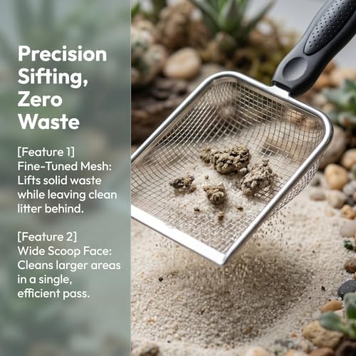 2PCS Cat Litter Shovel: Stainless Steel Litter Cleaner Corner Scoop - Mesh Poop Box Shovel for Reptile Terrarium Sand Waste Beach Scoop Cat Supplies (2.4mm, 3.4mm Hole)