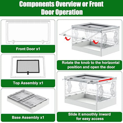 Folding Reptile Terrarium 17" × 12" × 10" – Portable Clear Habitat Tank with Front Opening Door & Ventilation, Easy Assembly for Geckos, Lizards, Snakes, Turtles, Spiders & Amphibians - size: 17" × 12" × 10"