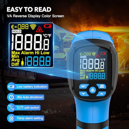 Infrared Thermometer Temperature Gun, -40℉ to 2192℉ Dual Laser High Temp Thermometer with LCD Color Display, Non-Contact Industrial Pyrometer 50:1 Distance Ratio, Adjustable Emissivity - color: Blue (-40℉~2192℉)