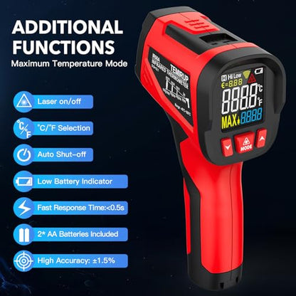 Infrared Thermometer Gun - TEMIRUP Non-Contact Digital Laser Temperature Gun with Color LCD Display for Cooking, Griddle, Engine, HVAC, IR Temp Gun with Adjustable Emissivity,-40℉~1202℉(-40℃~650℃) - color: Red -40℉~1202℉(-40℃~650℃)