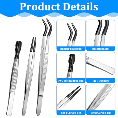3 Pieces Tweezers with Rubber Tips, Craft Sticker Rubber Tipped Tweezers Straight Flat Tip Long Bent Precision Tweezer Set for Crafting, Jewelry, Stamps, Beads, Lab Industrial Tools (Black)