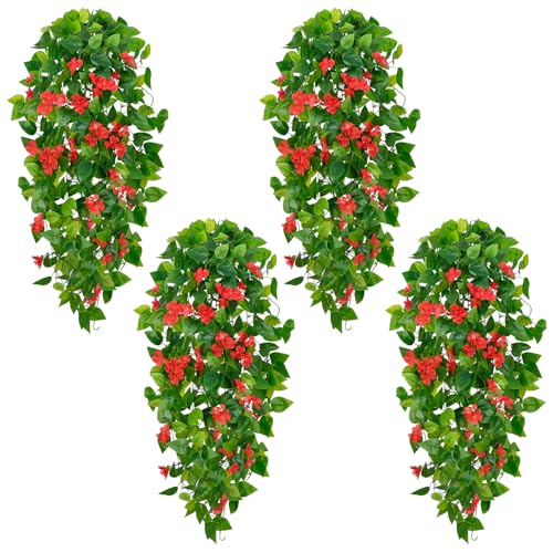 BLEUM CADE Artificial Hanging Flowers for Outdoors, 4pcs Fake Hanging Plants Pothos Vines with Red Flowers for Wall Home Living Room Indoor Outdoor Decor (No Baskets) - color: Vines With Flowers - Red, size: 4pcs