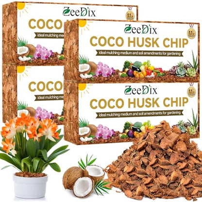 Zeedix 4 Pack Coco Husk Chips for Plants, 4.4LB | 100% Organic Coconut Chips Mulch with Low EC & PH Balance, Indoor Plant Flowers Herbs Vegetables, Reptiles Tanks Substrate - color: 4 pack