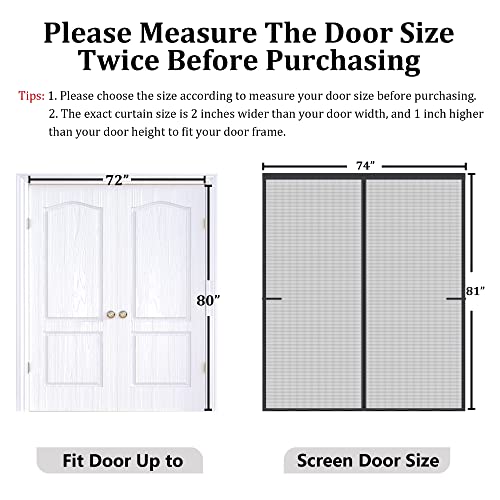 Magnetic Screen Door Upgraded-Model Full Strip Magnets 74x81 Inch,Fiberglass Heavy Duty Mesh Sliding Screen Door,Full Frame Seal Retractable French Door Screen Magnetic Closure for Patio Sliding Door - size: Fit Door Size To 72"x 80"